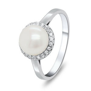 Brilio Silver Elegantný strieborný prsteň s perlou a zirkónmi RI034W 56 mm