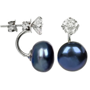 JwL Luxury Pearls Strieborné náušnice s pravou modrou perlou a kryštálom 2v1 JL0225