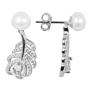 JwL Luxury Pearls Perlové náušnice s bielou pravou perlou a zirkónmi Peříčka JL0536